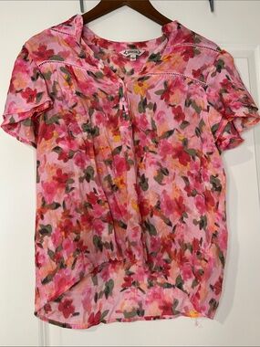 Nanette Lepore Pink Boho Floral Top Flutter Sleeve Ladder Lace Trim Large